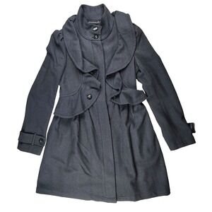 Plastic Island Women's Wool Blend Coat Navy Ruffle Waist Size M 6 Dark Academia